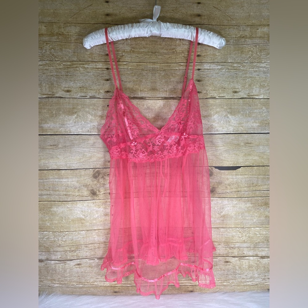 Victorias Secret Sheer Pink Coral Babydoll Lingerie Ruffle Trim sz S